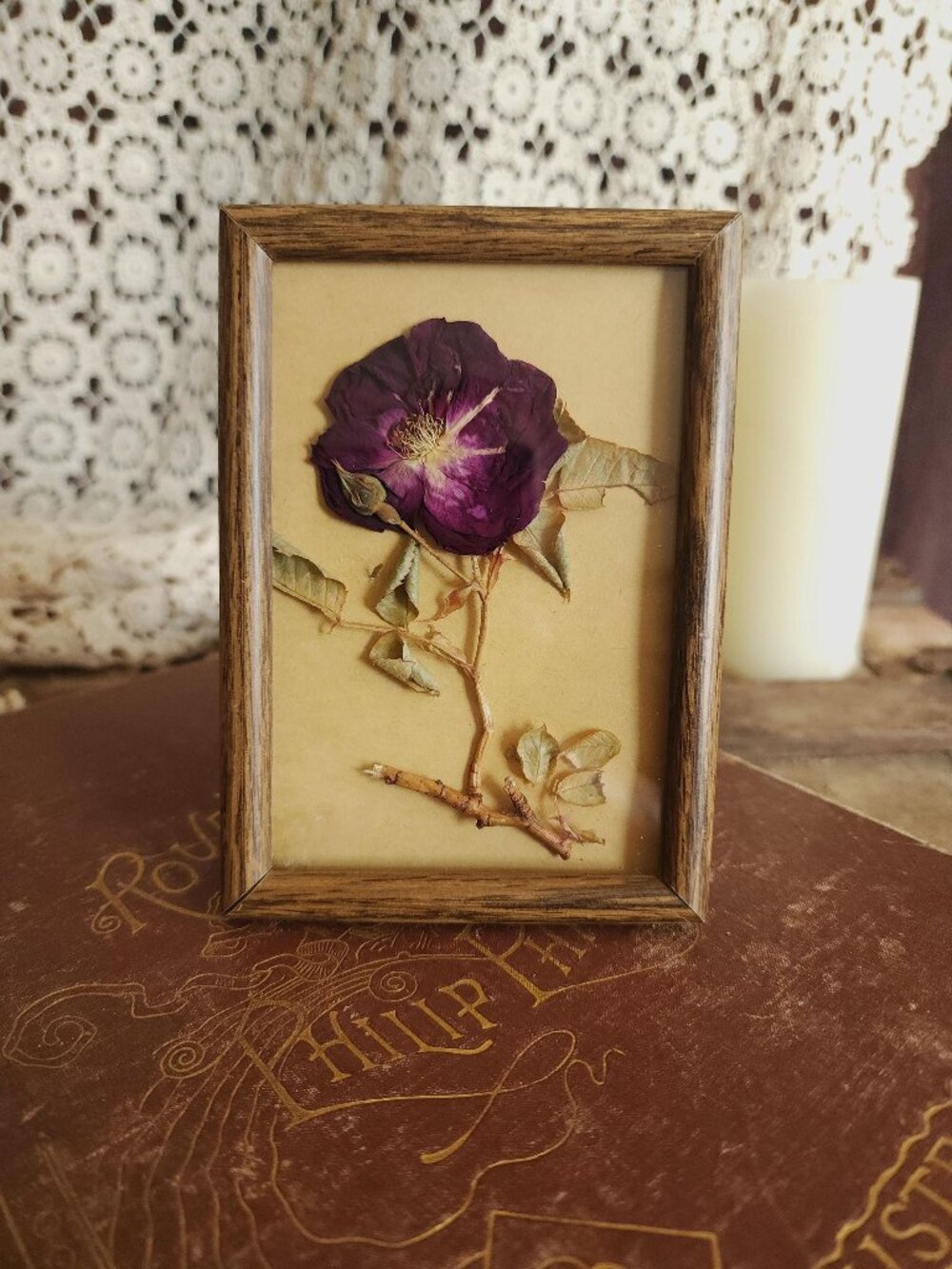 Framed Pressed Dried Flower, Roses in Vintage 1980s Wood Frame, Burgundy Homegro